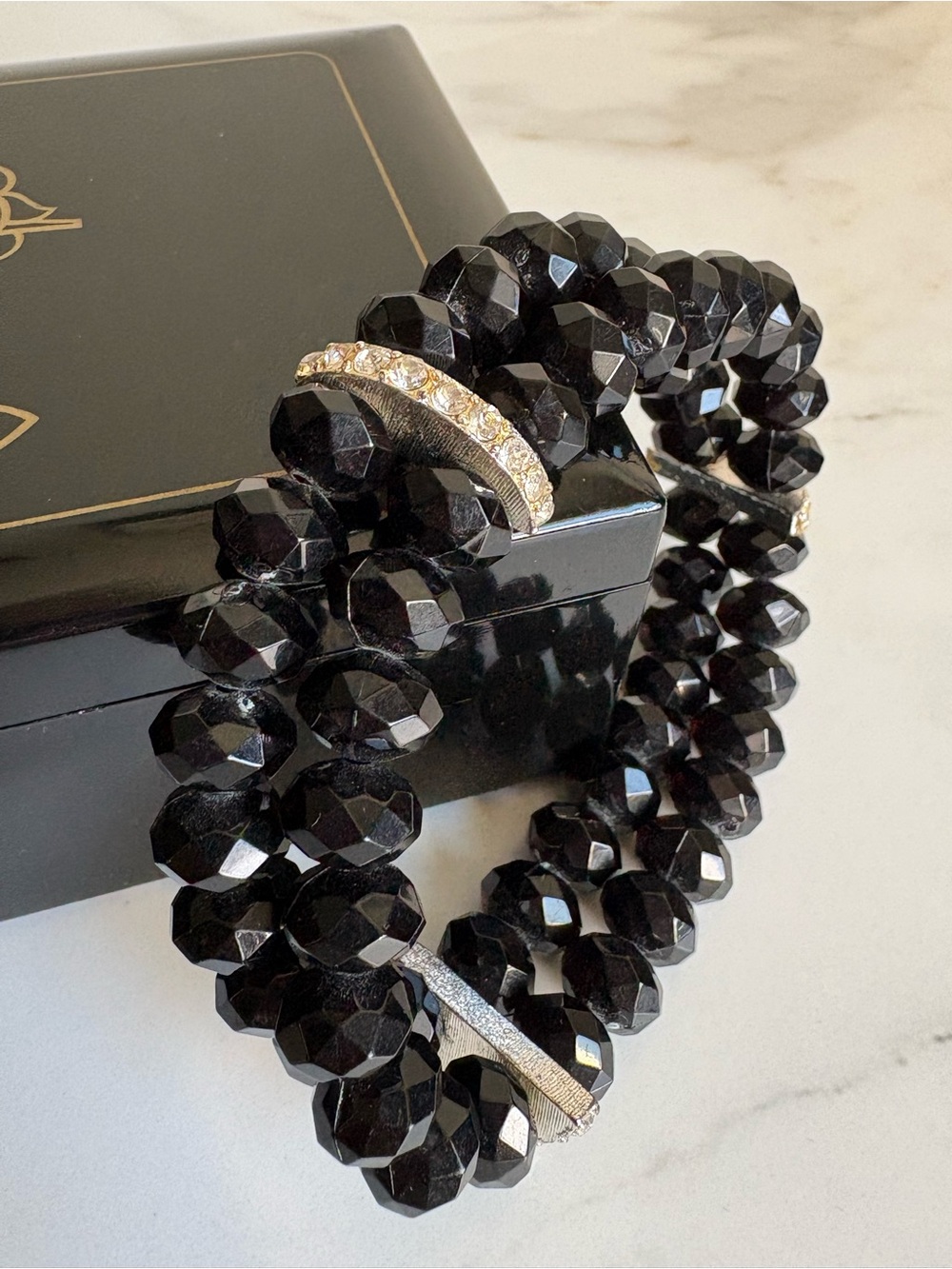 Avon Black Faceted Bead Double Strand Stretch Bracelet Rhinestone Accents